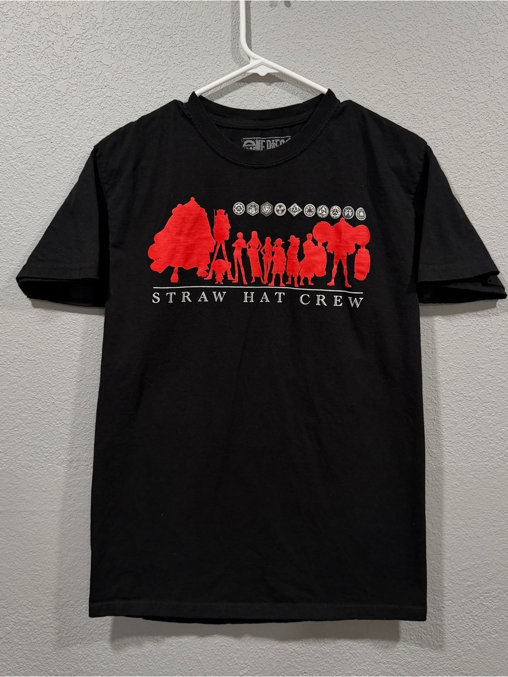 Onepiece Black Tee with Red Straw Hat Crew Silhouettes